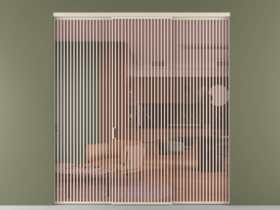 Алюминевая перегородка vn1+2_06_ Алюминий бежево-серый Прозрачное розовое стекло, триплекс, 6мм. Цвет Алюминий бежево-серый. Материал Алюминий в эмали. Коллекция Перегородка Formato внутри проёма 3 створки. Картинка.