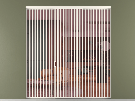 Алюминевая перегородка vn1+2_06_ Алюминий пудровый белый Прозрачное розовое стекло, триплекс, 6мм. Цвет Алюминий пудровый белый. Материал Алюминий в эмали. Коллекция Перегородка Formato внутри проёма 3 створки. Картинка.